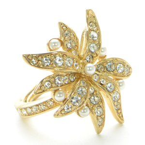 Oscar de la Renta Goldtone Faux Pearl & Glass Crystal Flower Ring